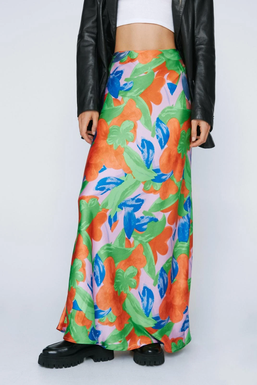 Bold Floral Print Satin Maxi Slip Skirt - Image 2