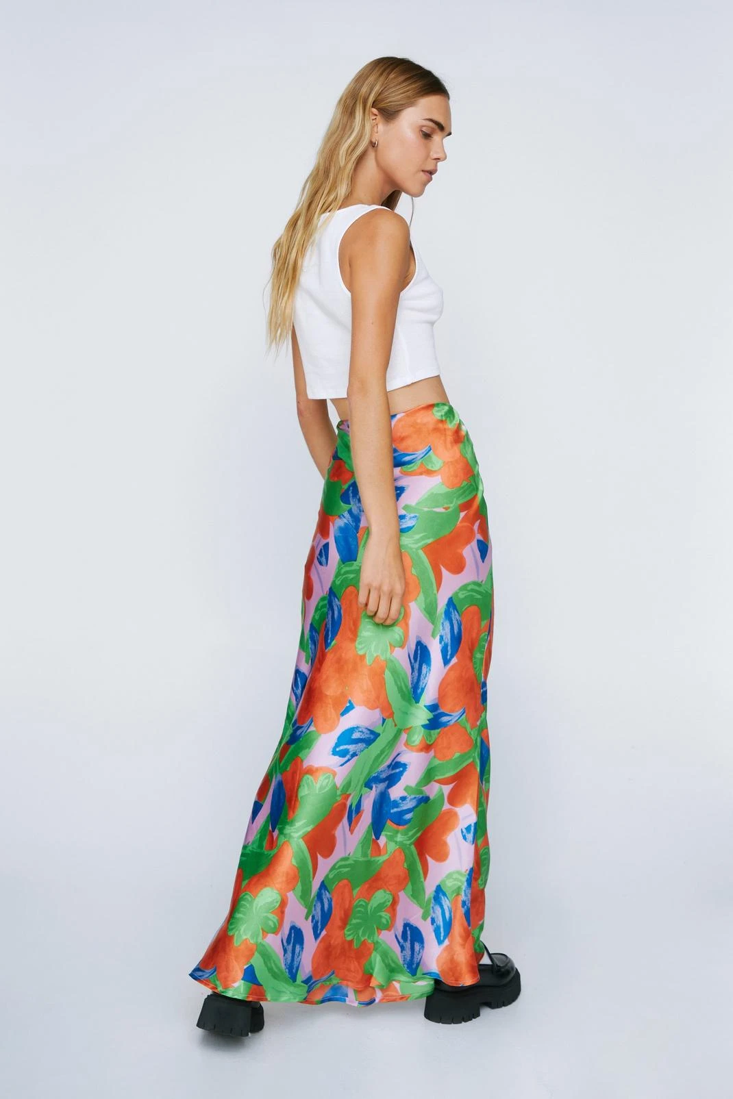Bold Floral Print Satin Maxi Slip Skirt - Image 3