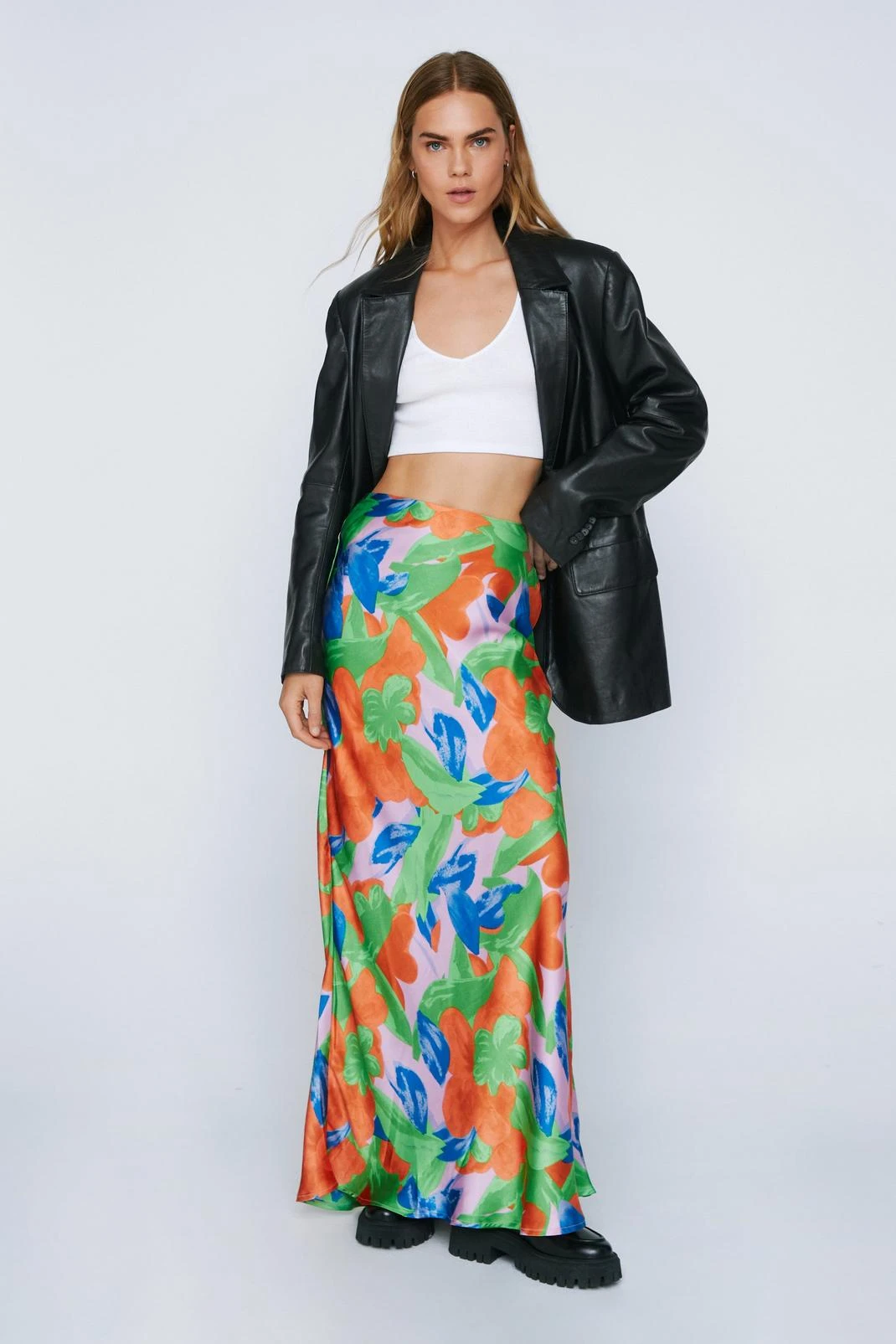 Bold Floral Print Satin Maxi Slip Skirt - Image 4