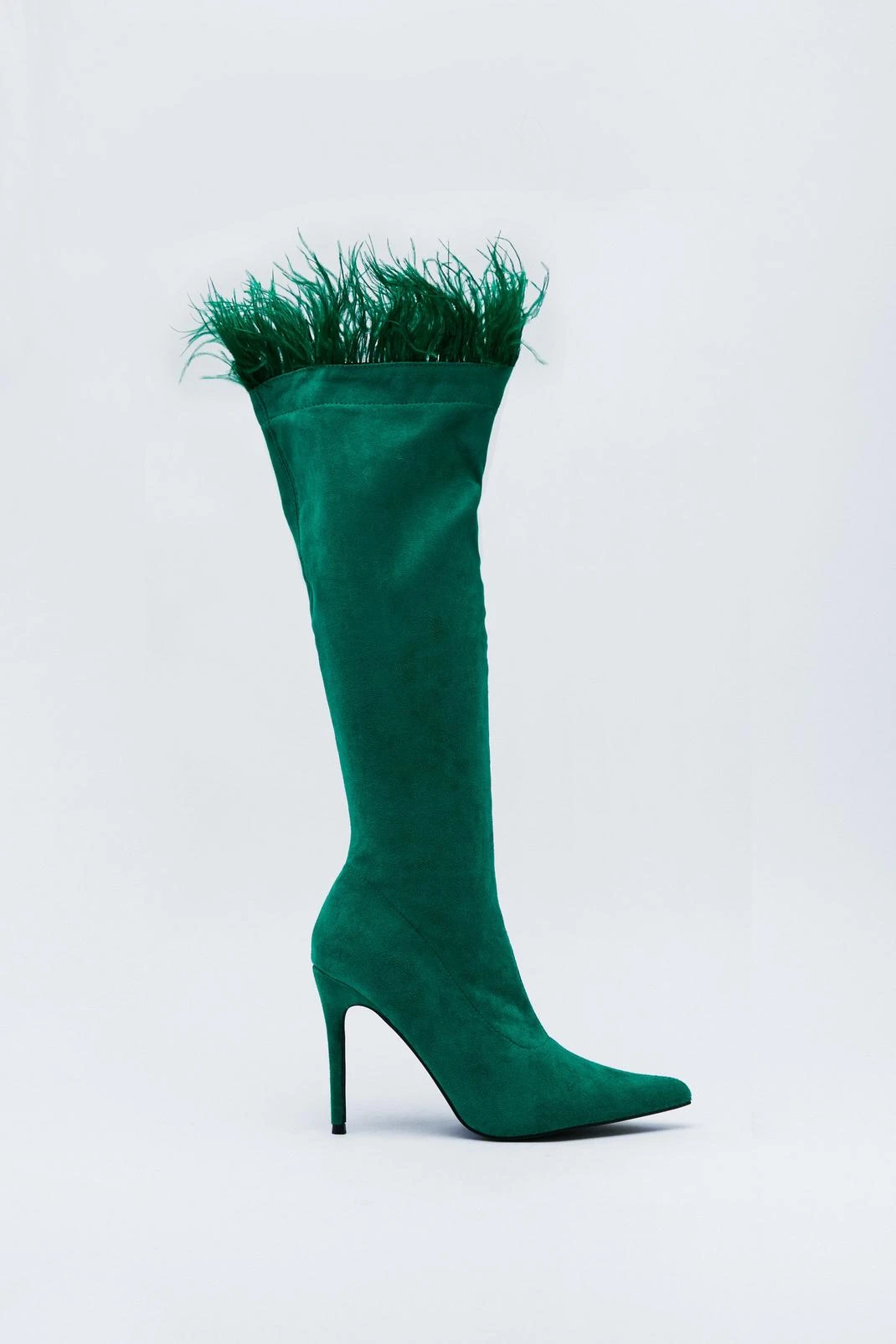 Faux Leather Feather Trim Knee High Boots - Image 2
