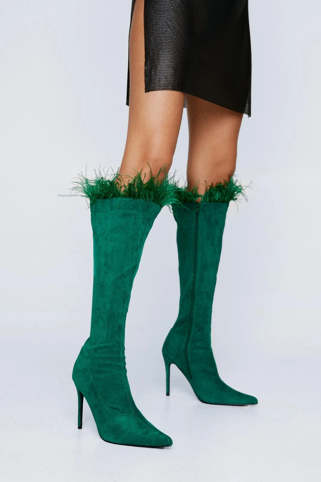 Faux Leather Feather Trim Knee High Boots - Image 4