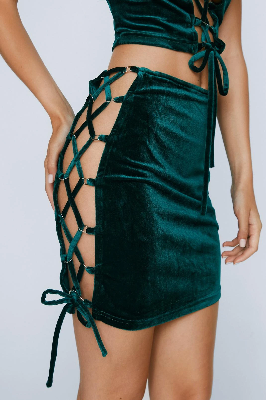 Lace Up Velvet Bodycon Mini Skirt - Image 5