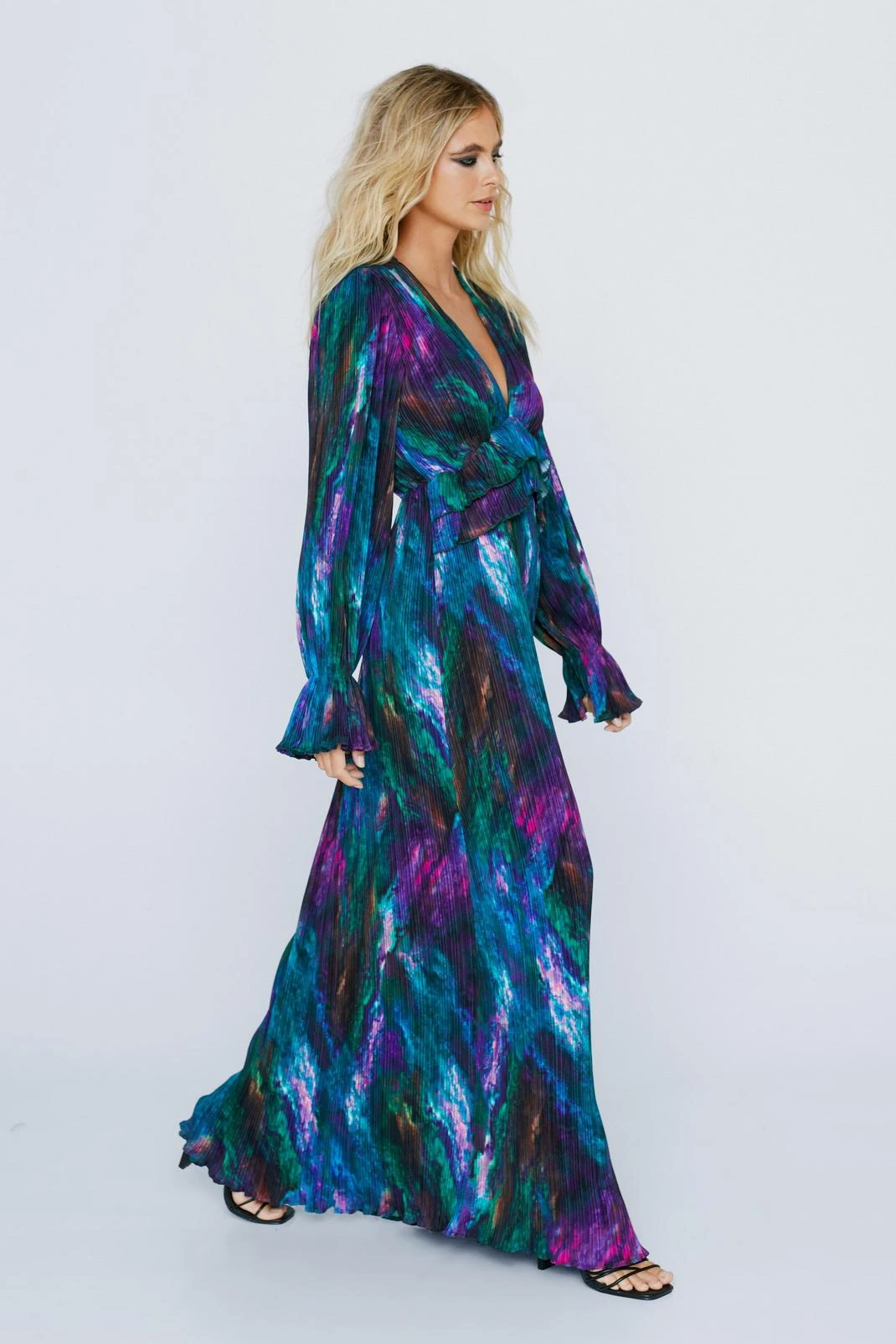 Marble Print Pleated Maxi Plunge Dress - Image 2