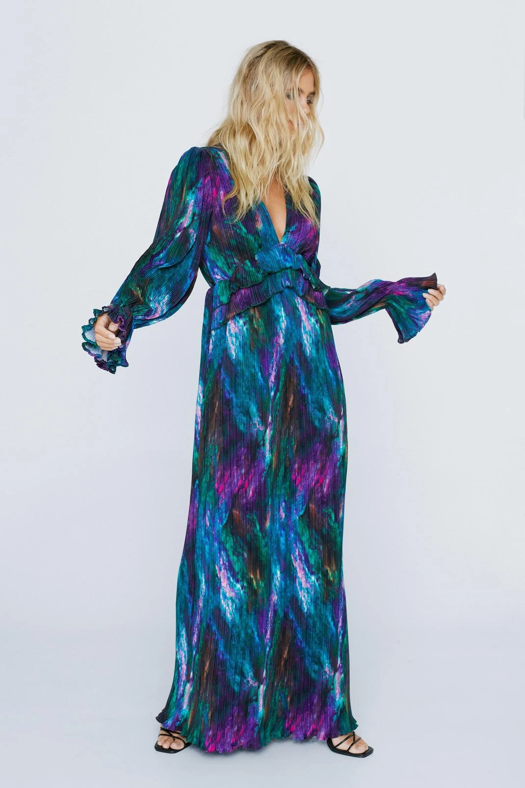Marble Print Pleated Maxi Plunge Dress - Image 4