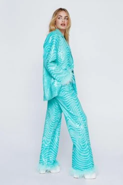 Marble Print Tailored Pants With Feather Trims