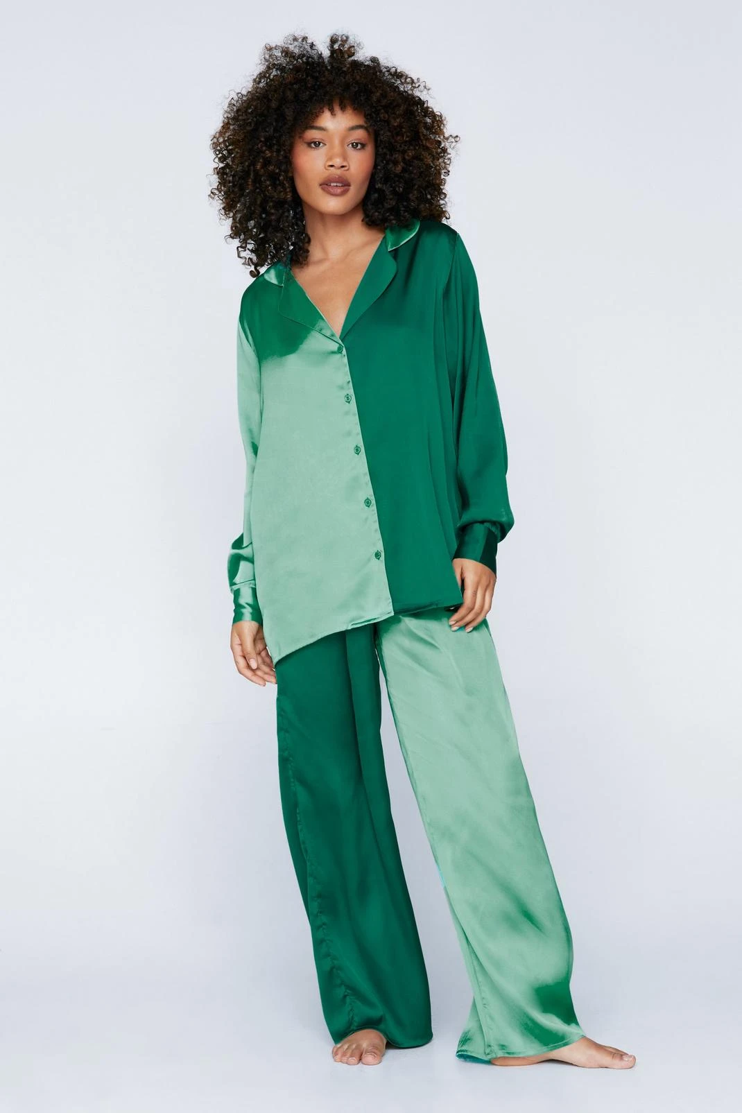 Satin Colorblock Pajama Shirt And Pants Set - Image 6