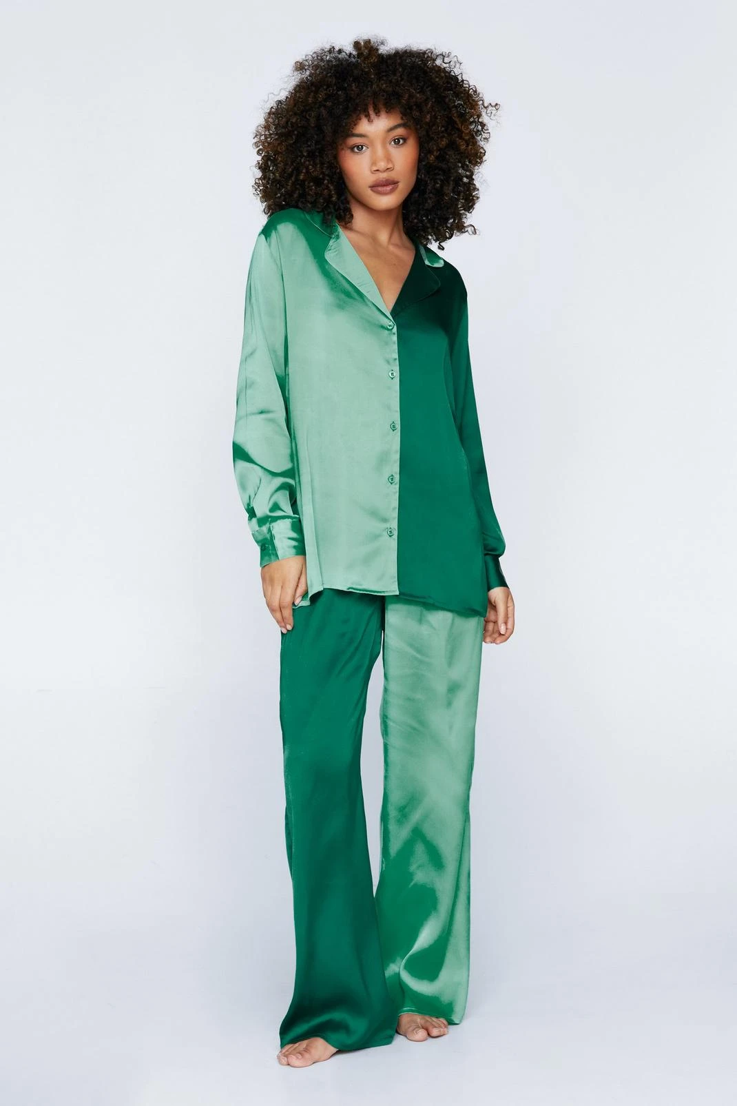 Satin Colorblock Pajama Shirt And Pants Set - Image 7