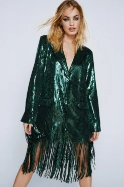 Sequin Tassel Trim Blazer Dress -Nasty Gal Sales Store womens green sequin tassel trim blazer dress 3