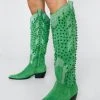 Studded Rhinestone Faux Suede Cowboy Boots