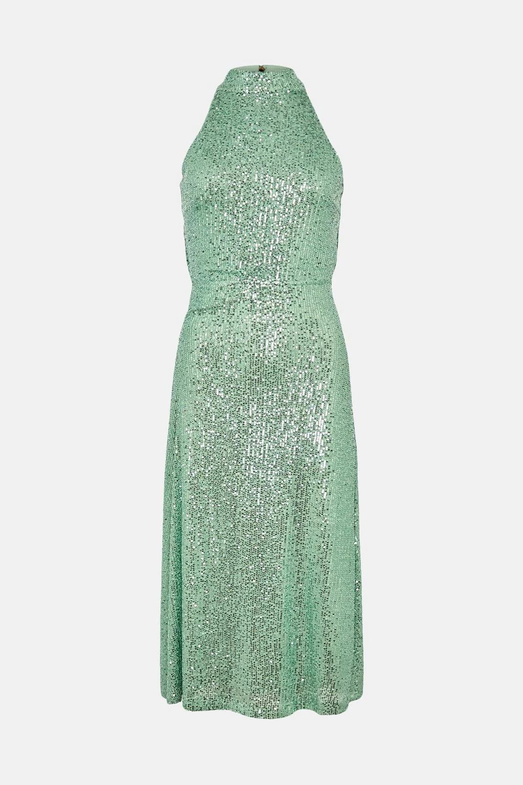 Warehouse Sequin Halter Drape Back Midi Dress - Image 3