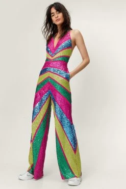 Sequin Colorblock Plunge Wide Leg Jumpsuit