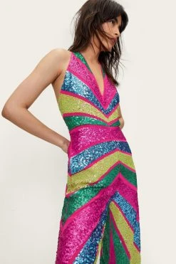 Sequin Colorblock Plunge Wide Leg Jumpsuit 9 Sequin Colorblock Plunge Wide Leg Jumpsuit -Nasty Gal Sales Store womens hot20pink embellished colorblock plunge wide leg jumpsuit 3