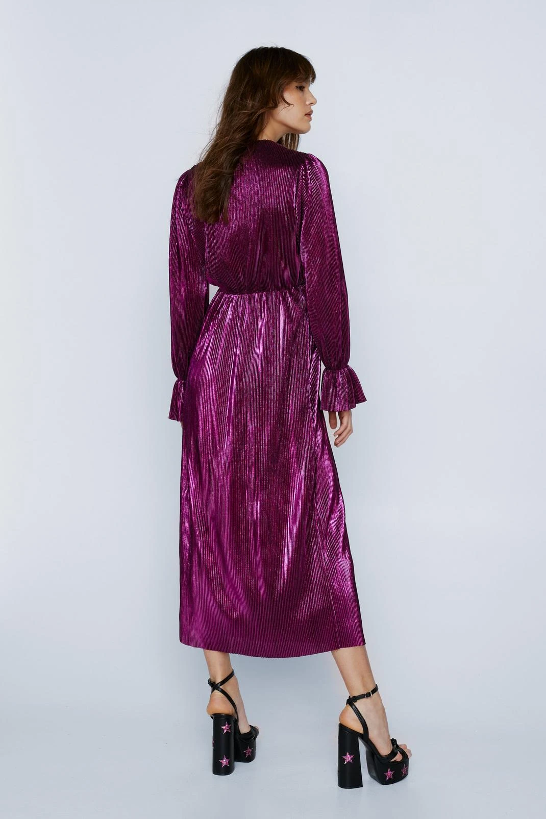 Metallic Pleated Ruffle Midi Dress - Image 3
