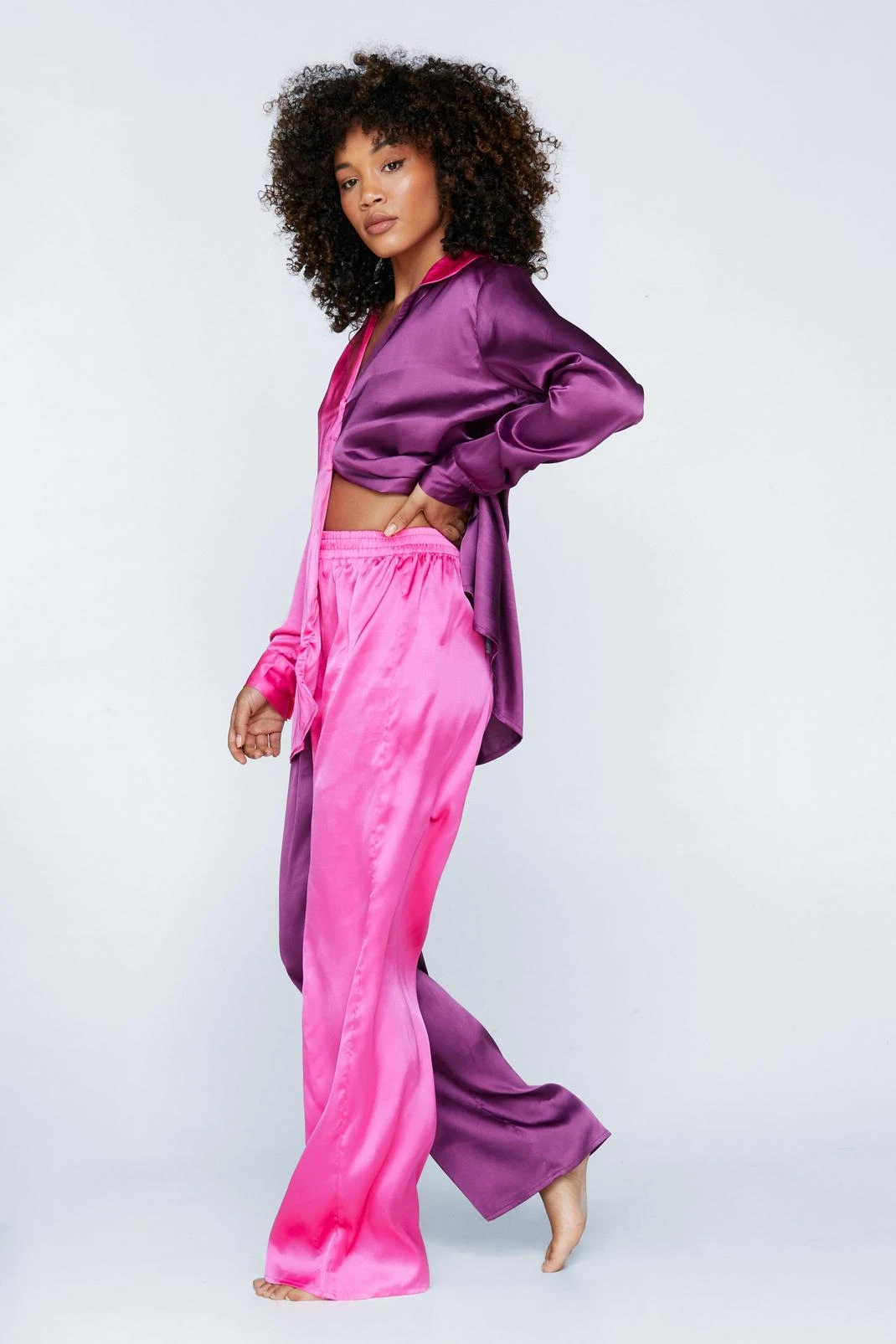 Satin Colorblock Pajama Shirt And Pants Set - Image 3