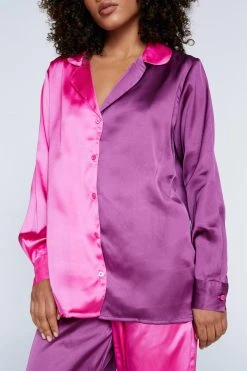 Satin Colorblock Pajama Shirt And Pants Set