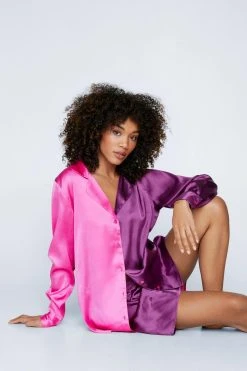 Satin Colorblock Pajama Shirt And Short Set