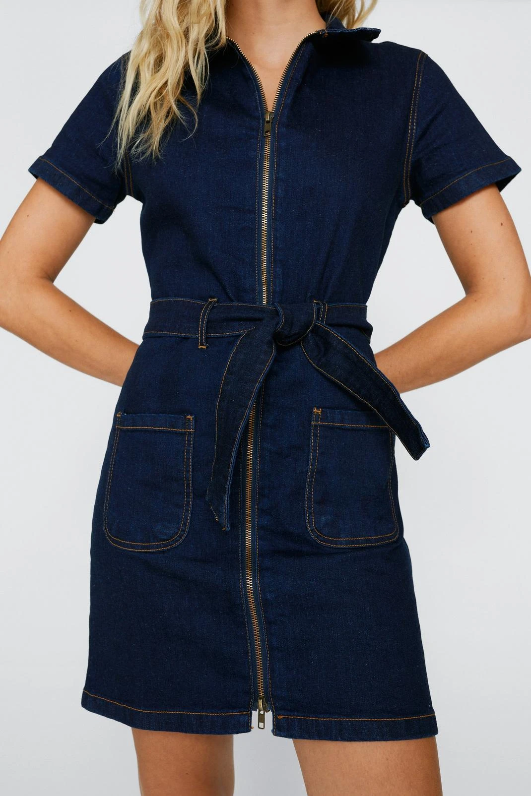 Belted Zip Through Denim Mini Dress - Image 2