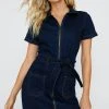 Belted Zip Through Denim Mini Dress