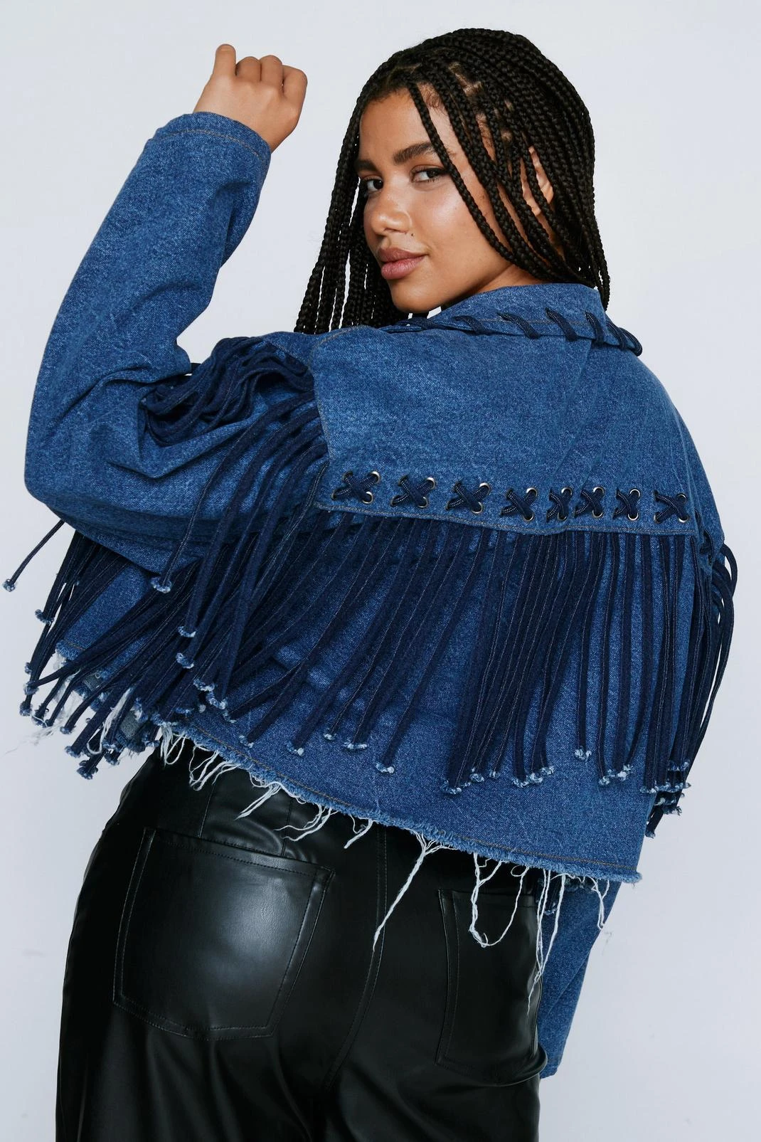 Plus Size Lattice Fringe Denim Cropped Jacket 4 Plus Size Lattice Fringe Denim Cropped Jacket - Image 2