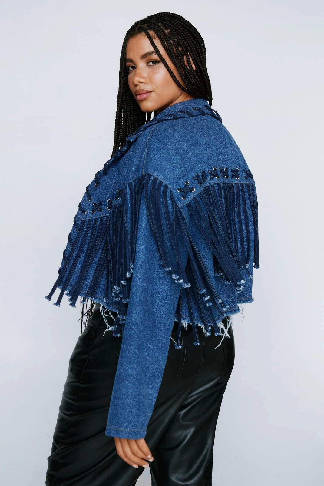 Plus Size Lattice Fringe Denim Cropped Jacket 6 Plus Size Lattice Fringe Denim Cropped Jacket - Image 4