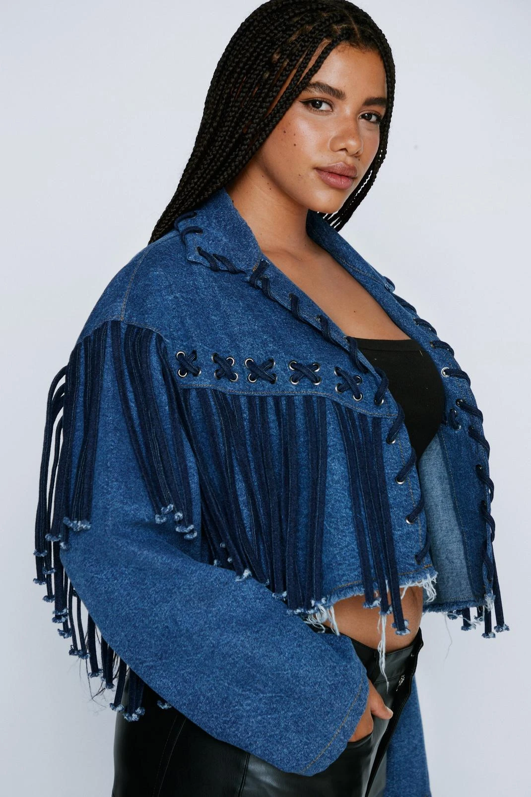 Plus Size Lattice Fringe Denim Cropped Jacket 3 Plus Size Lattice Fringe Denim Cropped Jacket
