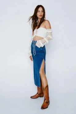 Crochet Off The Shoulder Lace Up Front Top