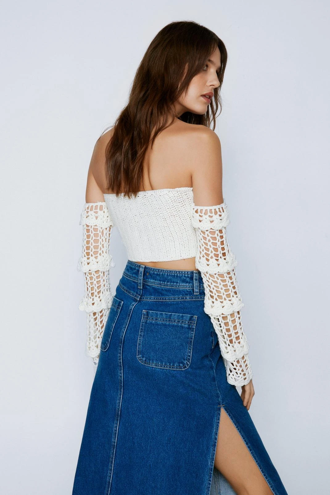 Crochet Off The Shoulder Lace Up Front Top - Image 3