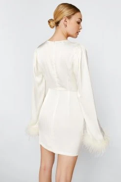 Feather Cuff Satin Tie Front Mini Dress 11 Feather Cuff Satin Tie Front Mini Dress -Nasty Gal Sales Store womens ivory feather cuff satin tie front mini dress 2