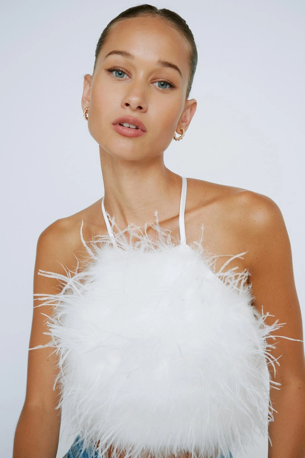 Petite Halterneck Feather Lace Up Back Top - Image 2