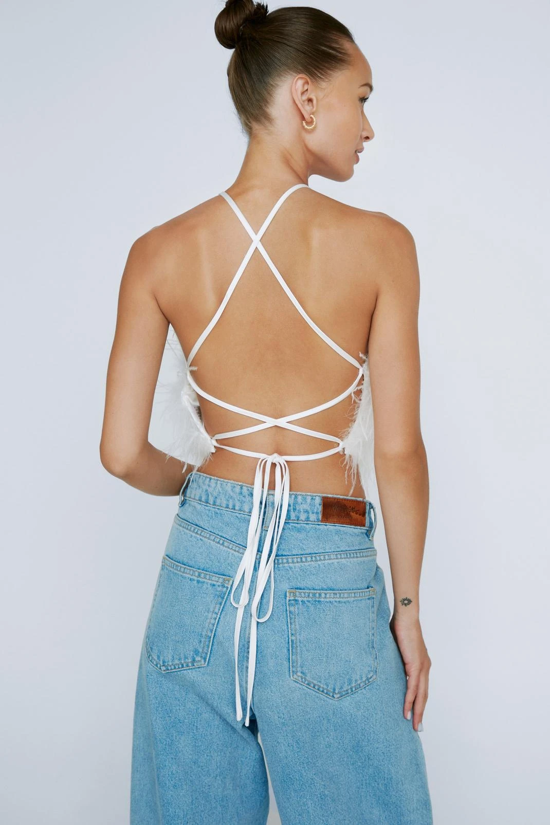 Petite Halterneck Feather Lace Up Back Top - Image 3