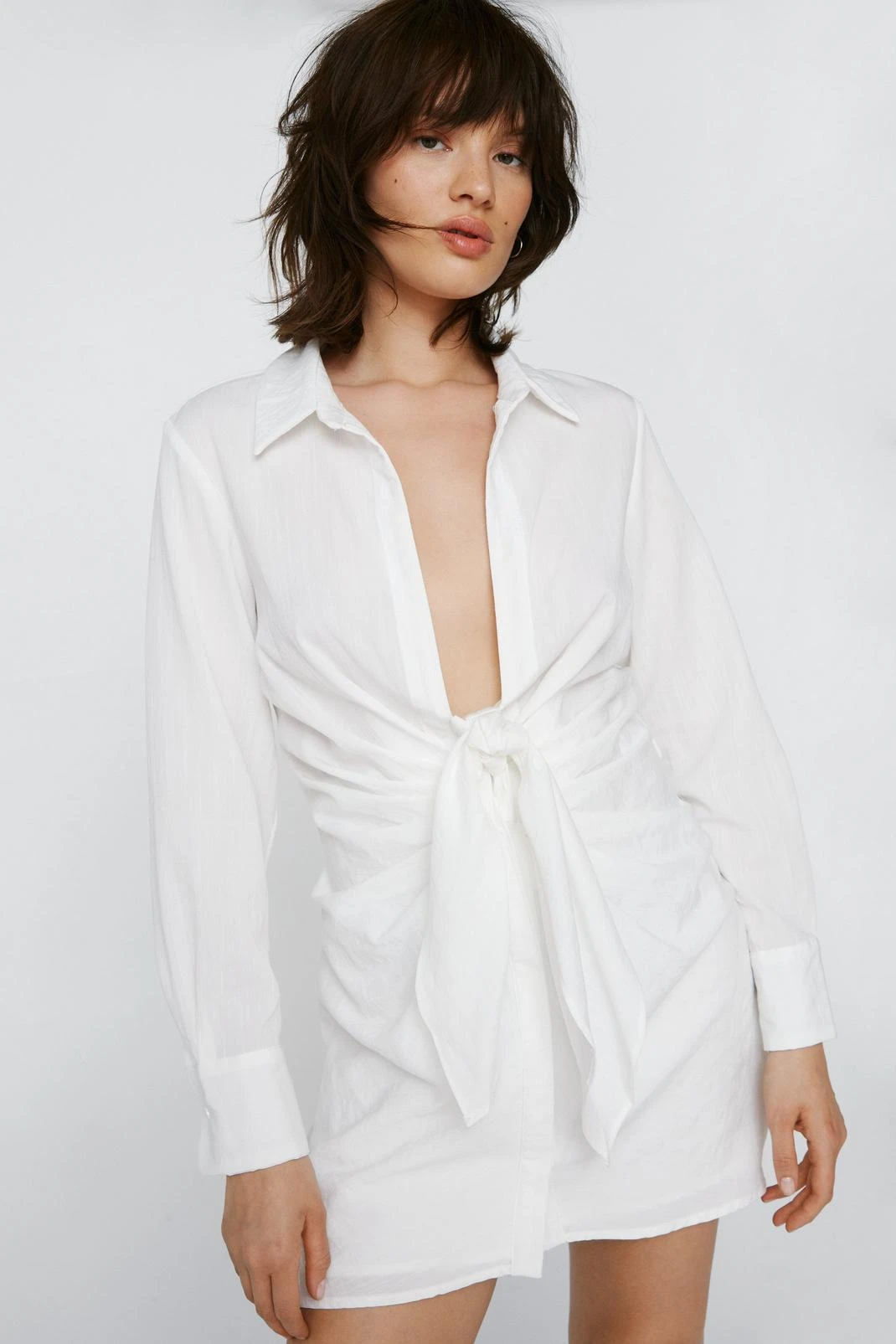 Petite Knot Front V Neck Mini Shirt Dress 9 Petite Knot Front V Neck Mini Shirt Dress - Image 7