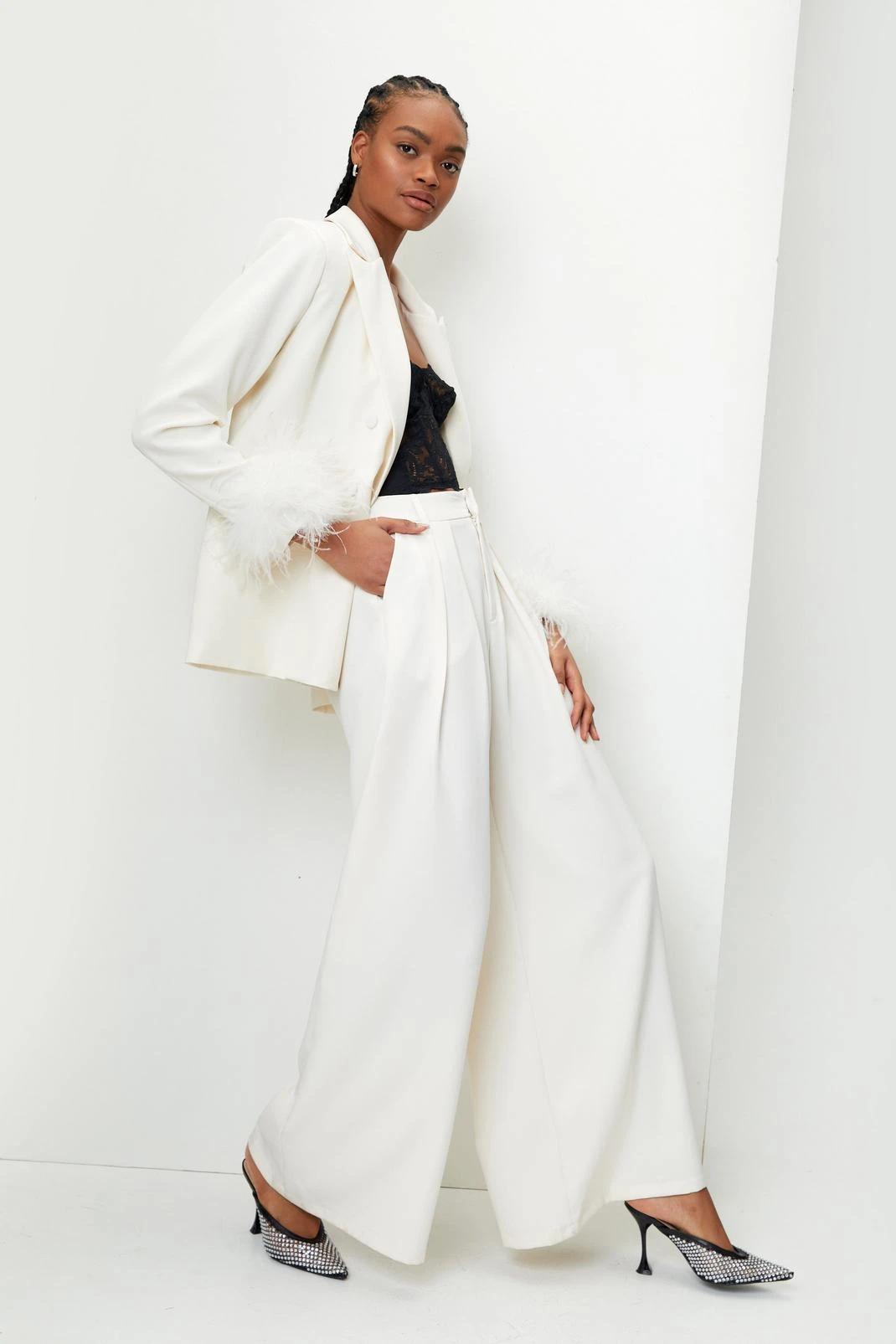 Pleated Wide Leg Belted Suit Pants
