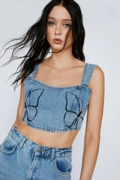 Printed Butterfly Placement Denim Corset Top 9 Printed Butterfly Placement Denim Corset Top -Nasty Gal Sales Store womens light20blue printed butterfly placement denim corset top 3