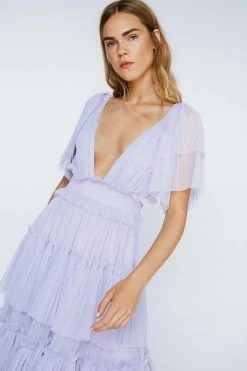Tulle Tiered Plunge Maxi Dress