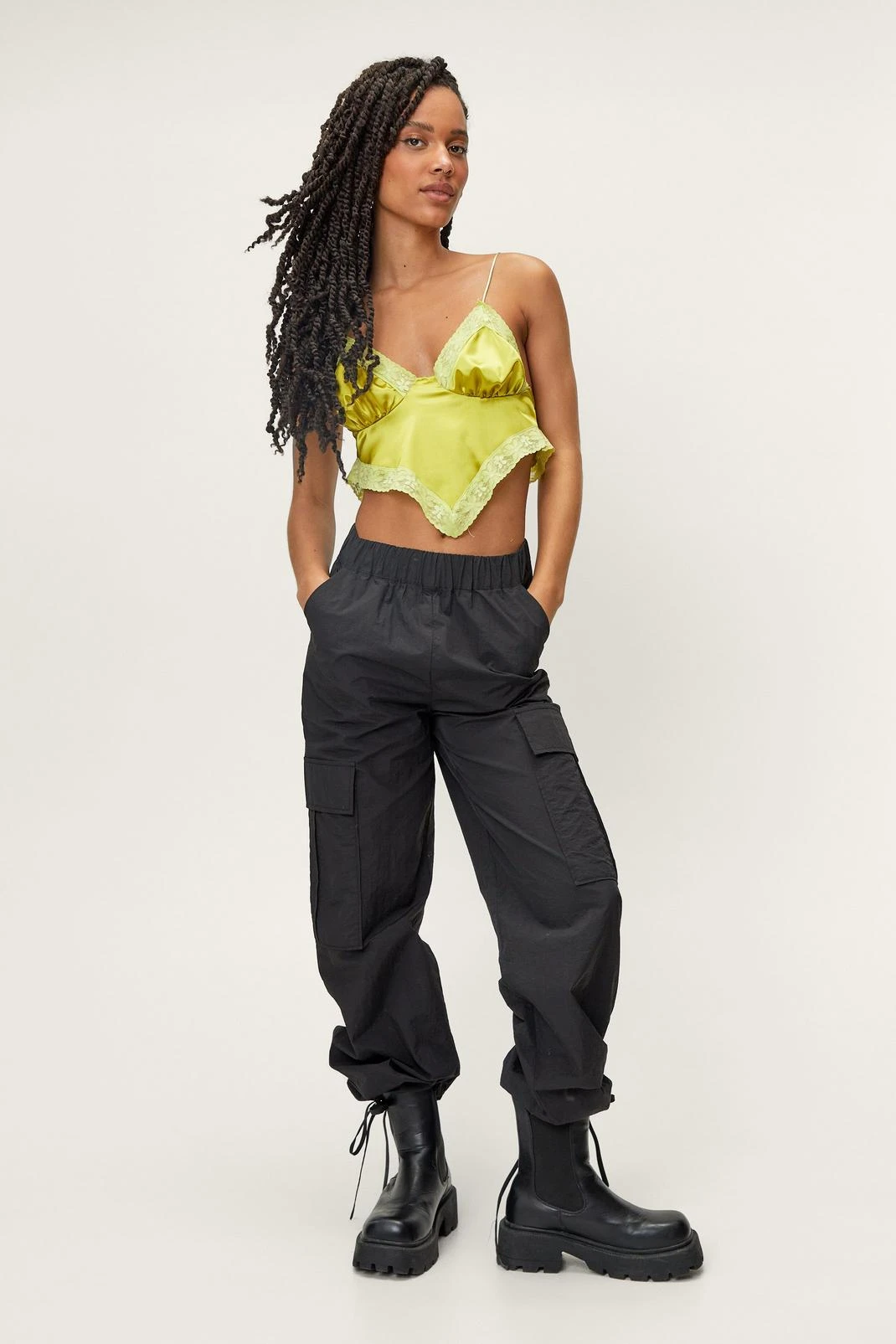 Petite Satin Lace Trim Bandana Crop Top - Image 4