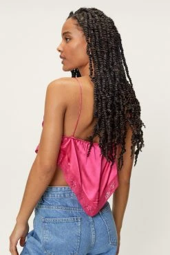 Petite Satin Lace Trim Bandana Crop Top 11 Petite Satin Lace Trim Bandana Crop Top -Nasty Gal Sales Store womens magenta petite satin lace trim bandana crop top 2