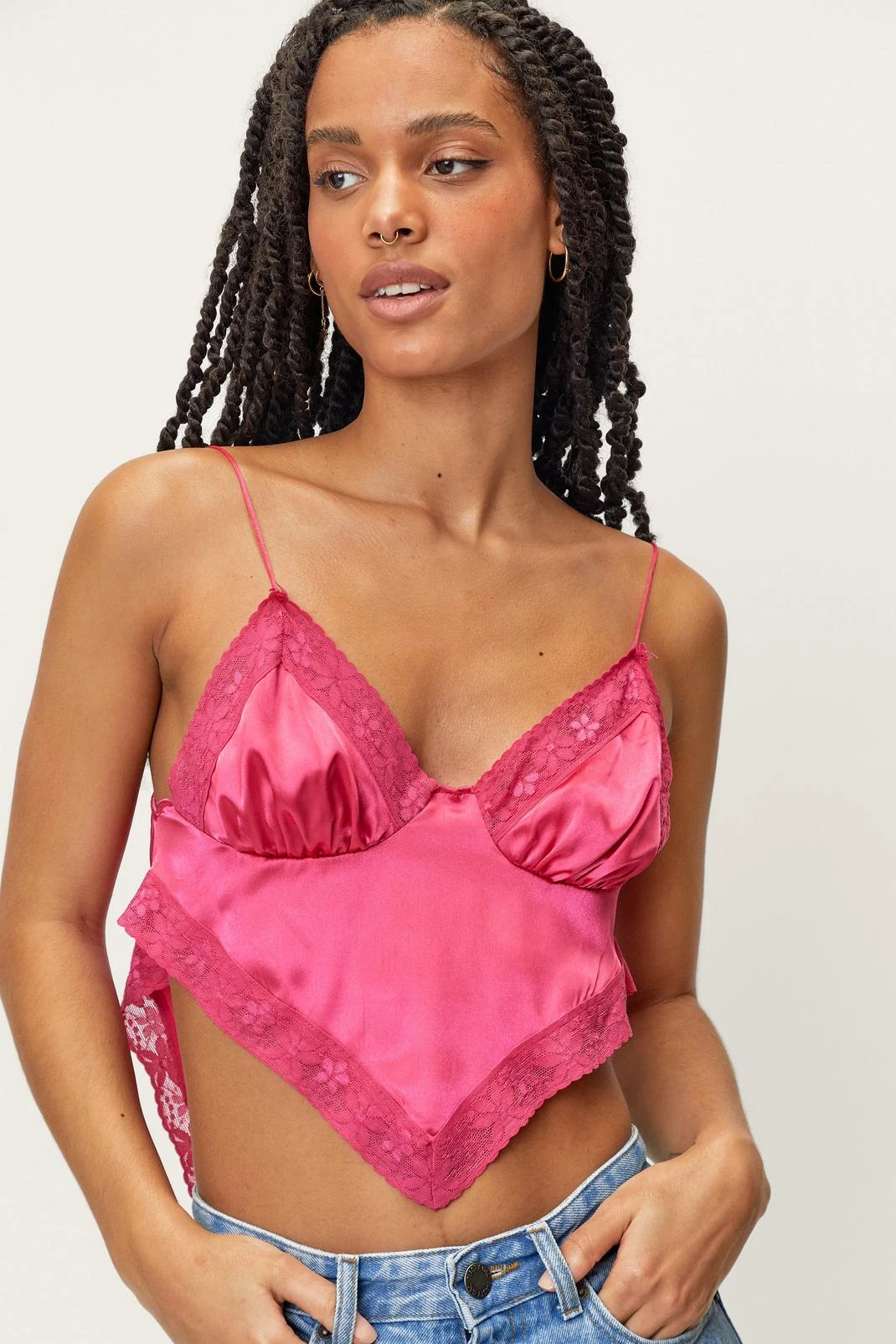 Petite Satin Lace Trim Bandana Crop Top - Image 2