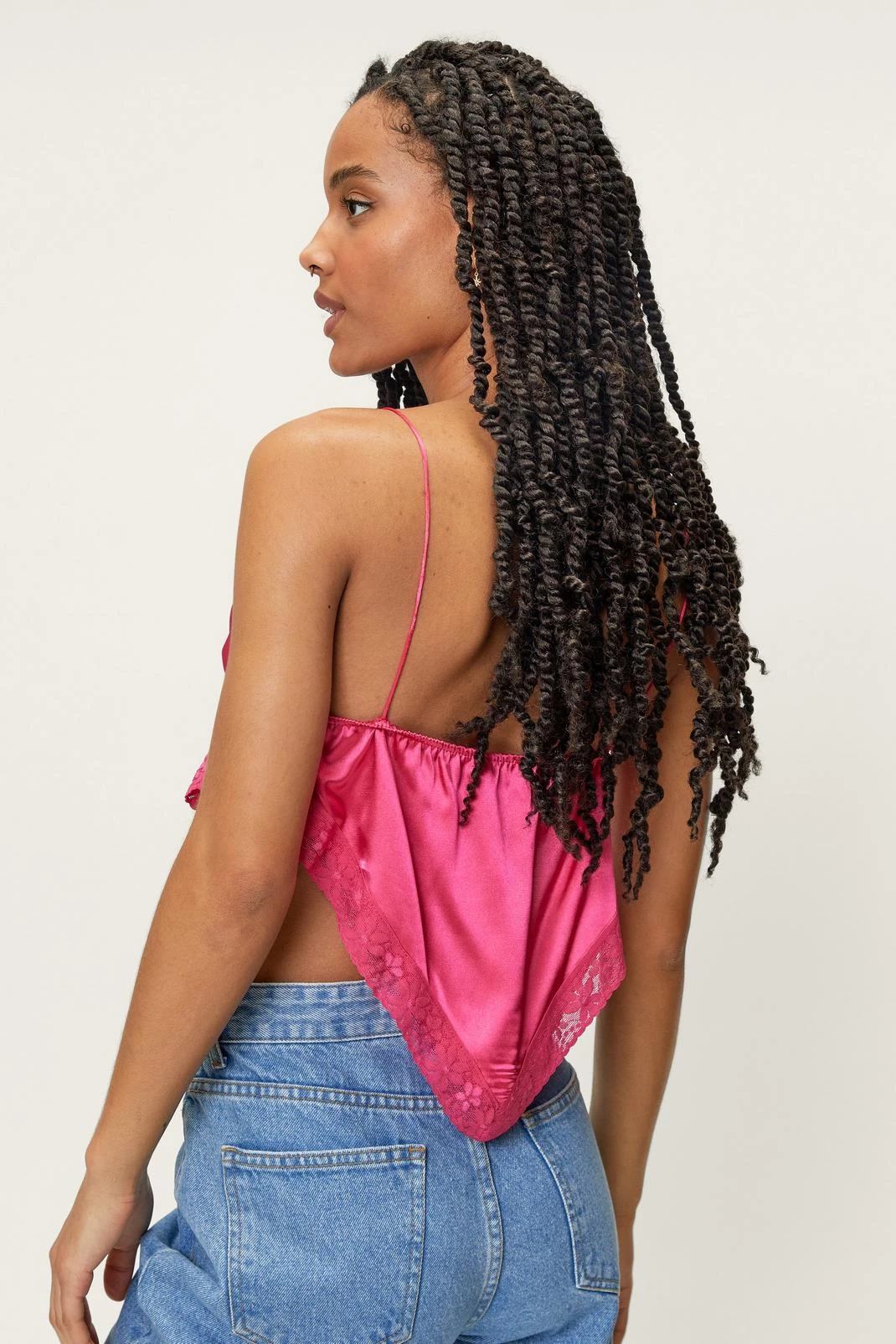 Petite Satin Lace Trim Bandana Crop Top - Image 3