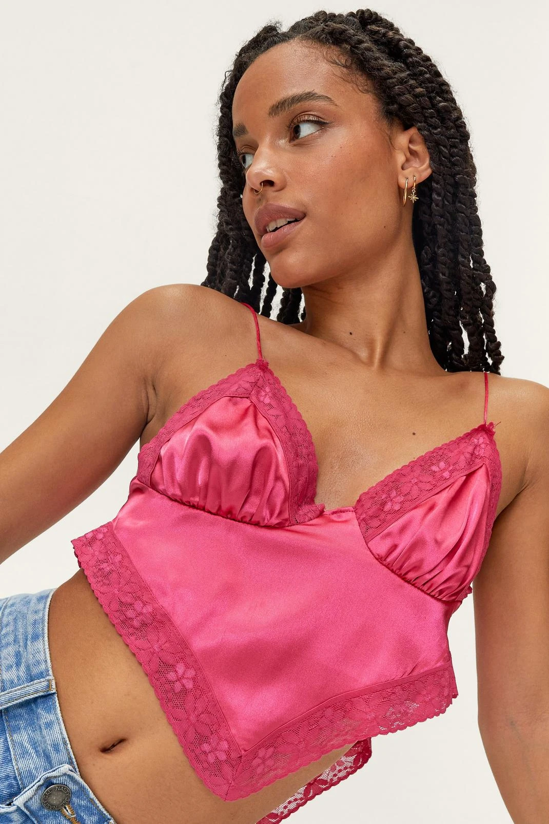 Petite Satin Lace Trim Bandana Crop Top - Image 7