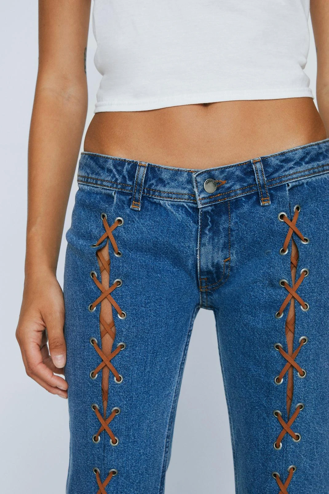 Petite Lattice Split Front Flared Denim Jeans 6 Petite Lattice Split Front Flared Denim Jeans - Image 4