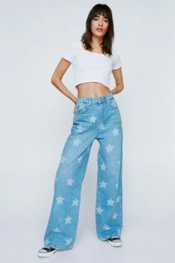 Star Print Wide Leg Denim Jeans 9 Star Print Wide Leg Denim Jeans -Nasty Gal Sales Store womens mid20blue star print wide leg denim jeans 3