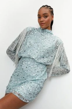 Embellished Sequin Fringe Trim Bodycon Mini Dress