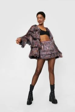 Metallic Tiered Tinsel Fringe Open Front Jacket 19 Metallic Tiered Tinsel Fringe Open Front Jacket -Nasty Gal Sales Store womens multi metallic tiered tinsel fringe open front jacket 1