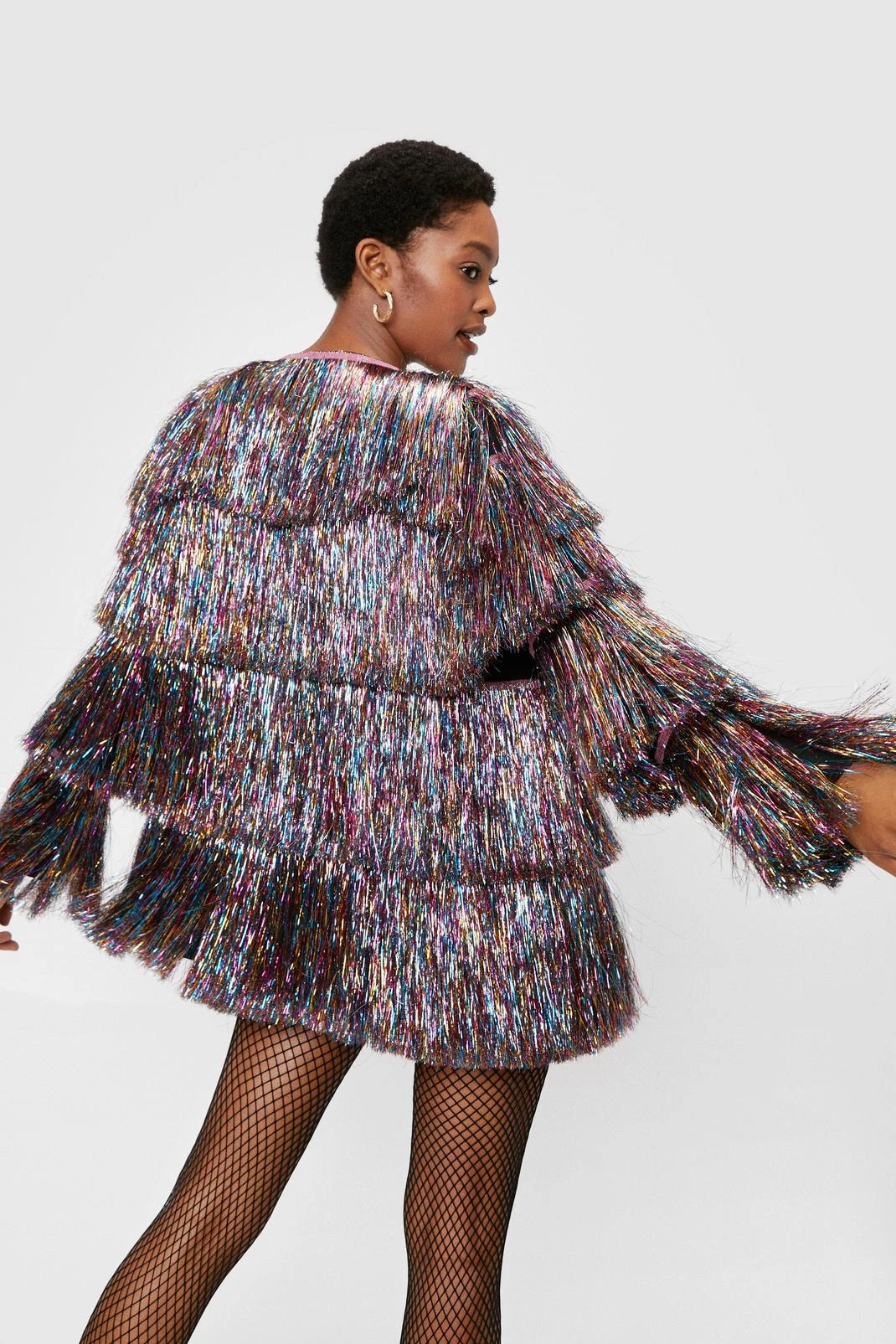 Metallic Tiered Tinsel Fringe Open Front Jacket 8 Metallic Tiered Tinsel Fringe Open Front Jacket - Image 6