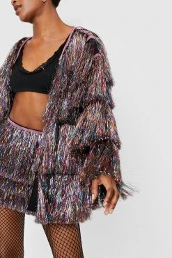 Metallic Tiered Tinsel Fringe Open Front Jacket 18 Metallic Tiered Tinsel Fringe Open Front Jacket -Nasty Gal Sales Store womens multi metallic tiered tinsel fringe open front jacket