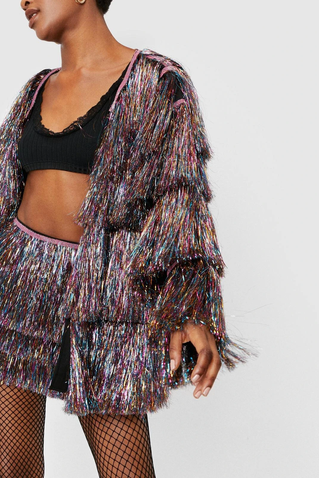 Metallic Tiered Tinsel Fringe Open Front Jacket 6 Metallic Tiered Tinsel Fringe Open Front Jacket - Image 4