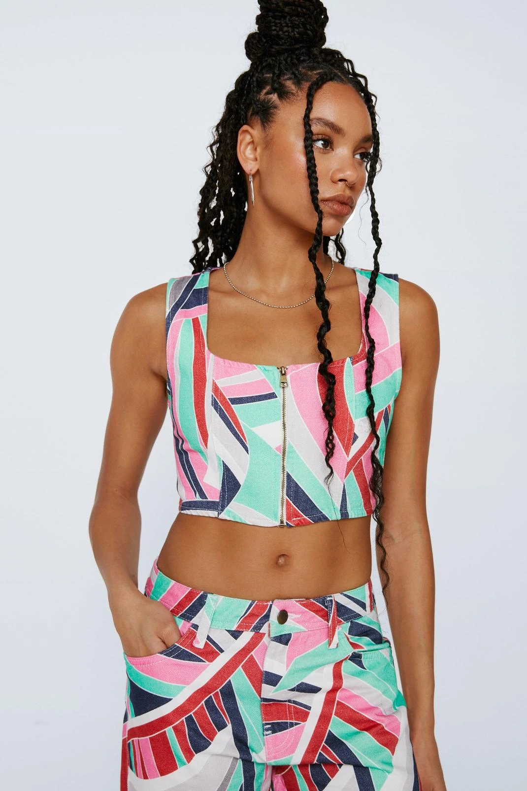 Printed Zip Up Denim Corset Top 4 Printed Zip Up Denim Corset Top - Image 2