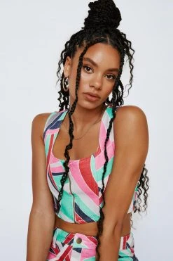 Printed Zip Up Denim Corset Top 9 Printed Zip Up Denim Corset Top -Nasty Gal Sales Store womens multi printed zip up denim corset top 3