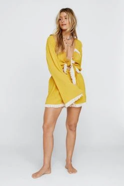 Crinkle Fringe Tie Front Cover Up Top