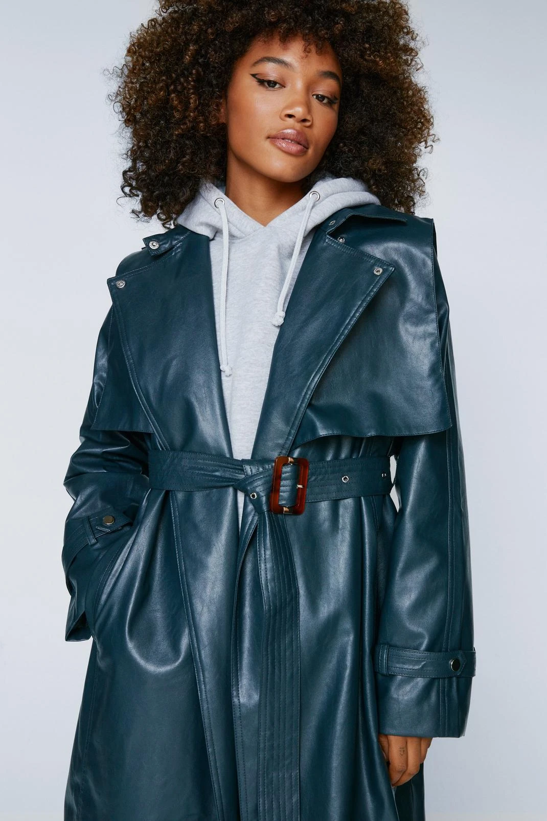 Belted Faux Leather Trench Coat - Image 4
